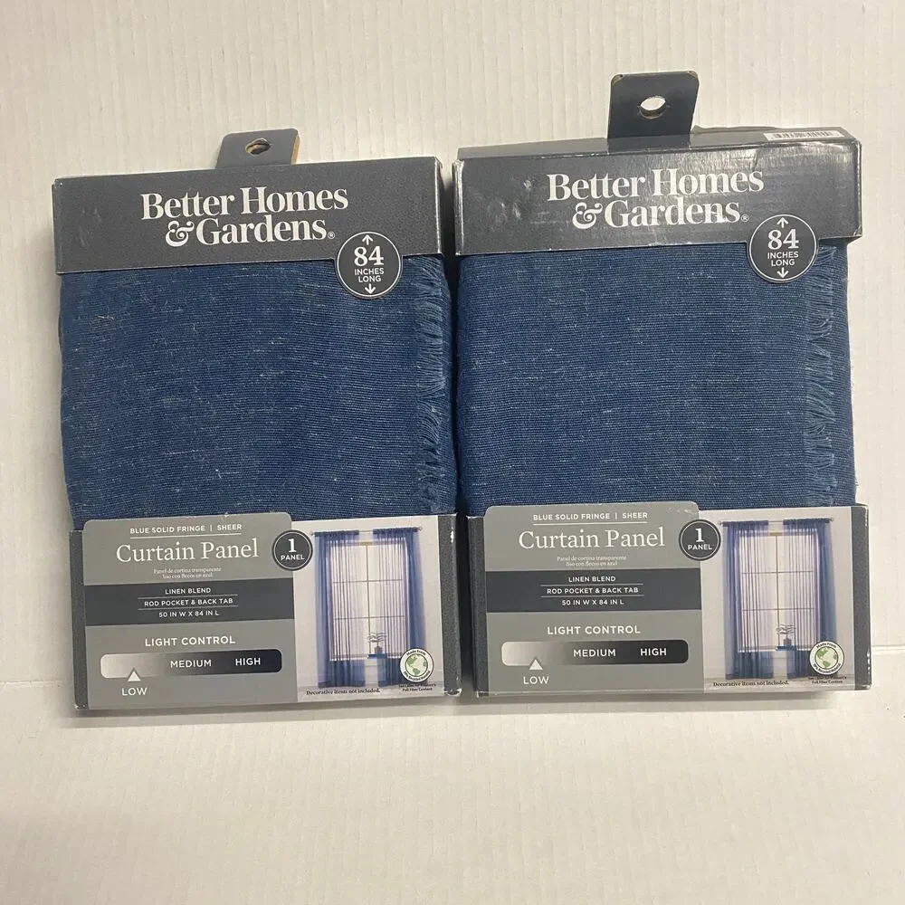 New Better Homes &Gardens Solid Fringe Single Rod Pocket Blue 2 Curtain Panels